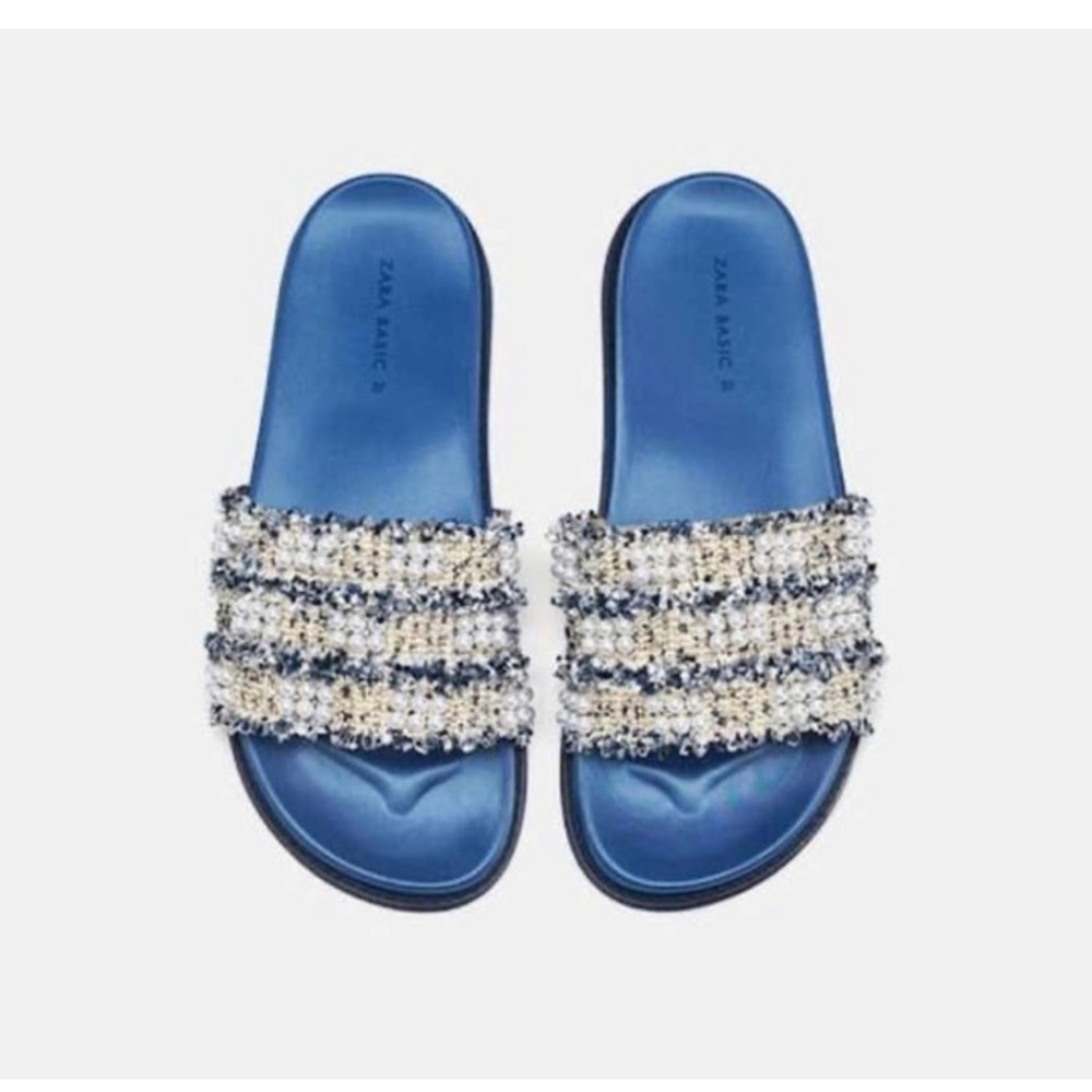 Zara faux pearl tweed pool slides sandals sz 39